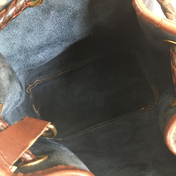 Dooney Bourke AWL Pebbled Leather Drawstring Hobo Bucket Navy Brown Shoulder Bag - Picture 10 of 16